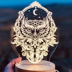 3d led lamp illusion neon owl lasercut cdr vector векторный макет для светильник сова ночник с 3д эффектом сердце оргстекло гравировка фреза неоновая подсветка