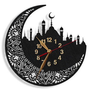 cnc cut wood decal cool playwood moon islamic ramadan часы ислам рамадан круглые с орнаментом из дерева сувенир из фанеры ажур, макет векторный для резки